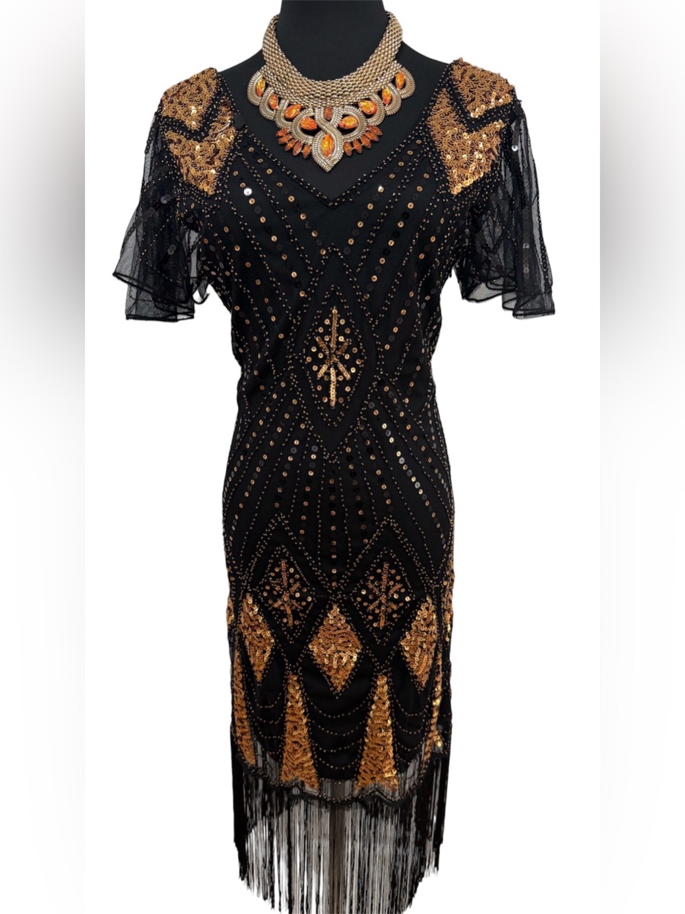 Black and Gold Sequin Midi Dress with Fringe
